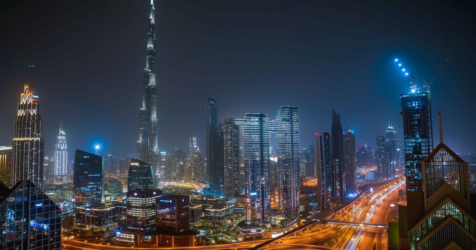 Dubai skyline at night with the Burj Khalifa, United Arab Emirates