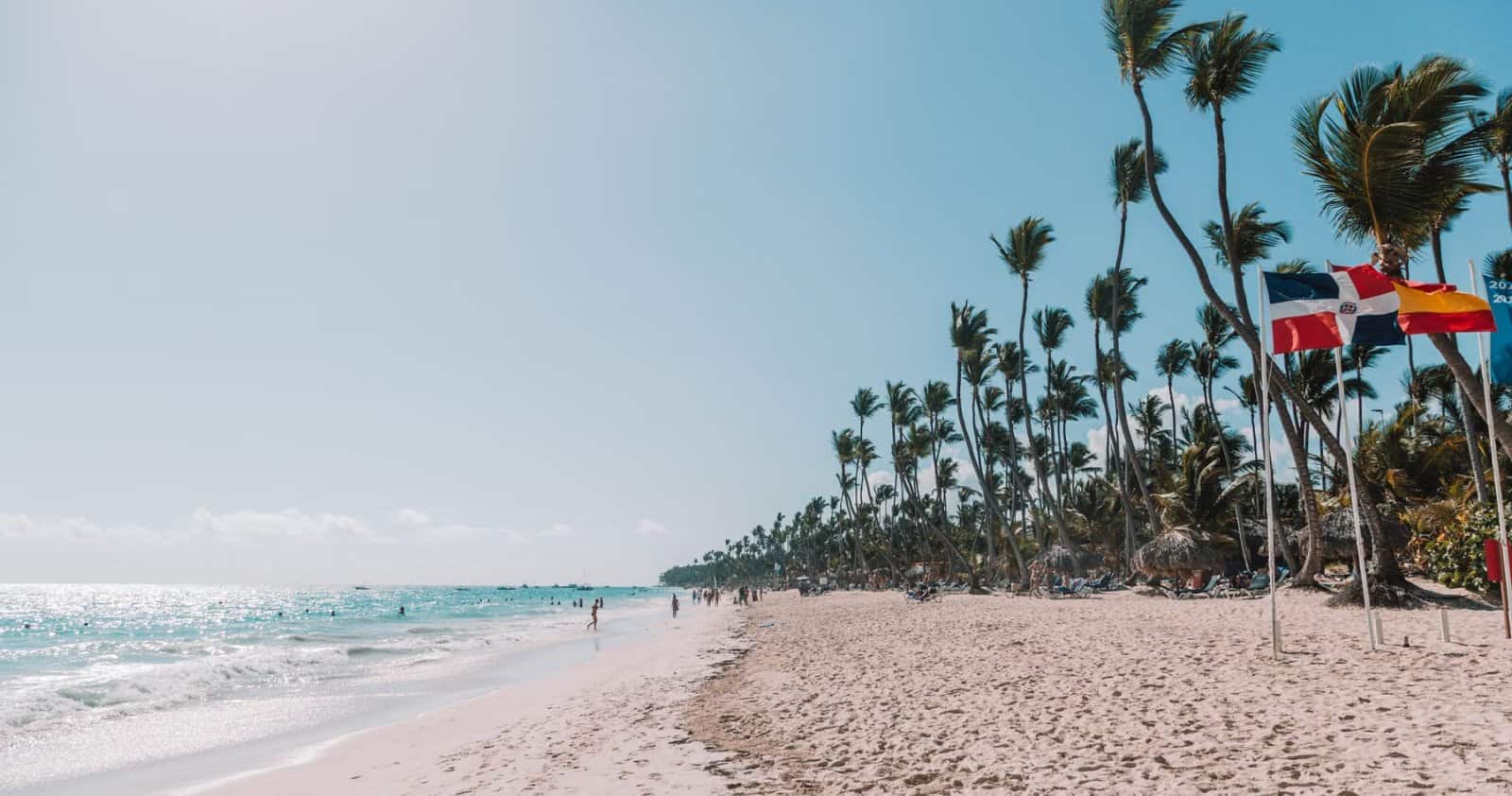 Beach at Punta Cana, Dominican Republic, with palm trees and the Dominican flag