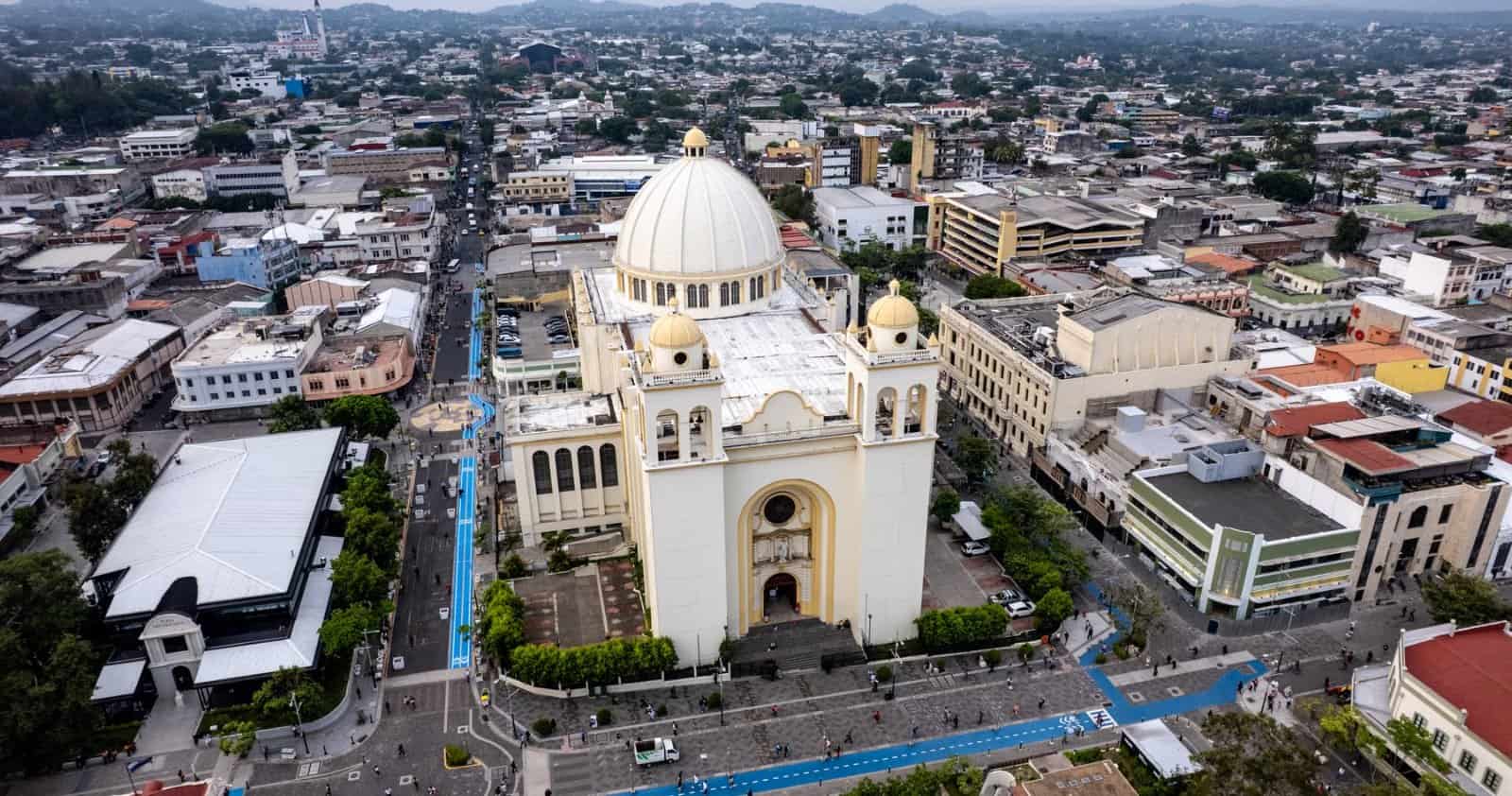 Aerial view of the Metropolitan Cathedral in the historic centre of San Salvador, El Salvador
