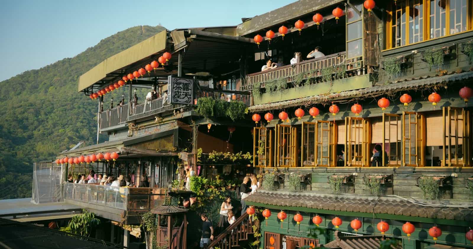 Traditional tea house hung with red lanterns on Jiufen Old Street, New Taipei City, Taiwan