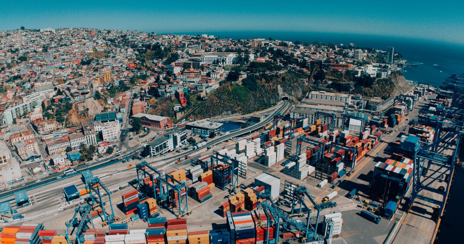 Aerial view of the port city of Valparaíso, Chile, with its harbour and colourful houses climbing the hills